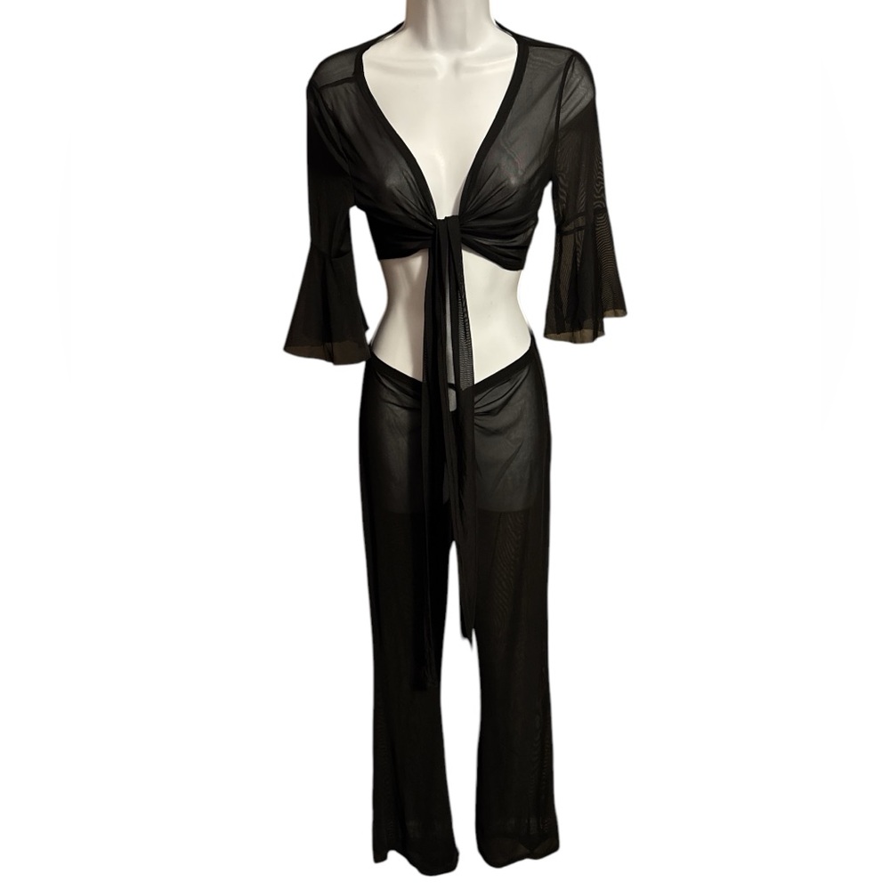 Sheer Black Tie-Front Swim Coverup Set